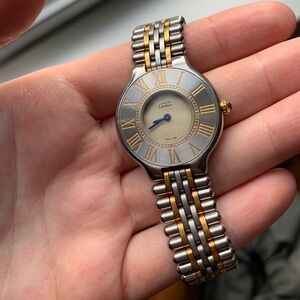 Cartier watch, Roman Bezel, Ivory Dial, bullet strap, Must de Cartier